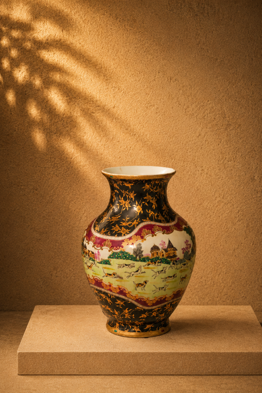 Vintage Chinese Export "English Fox Hunt" Porcelain Vase