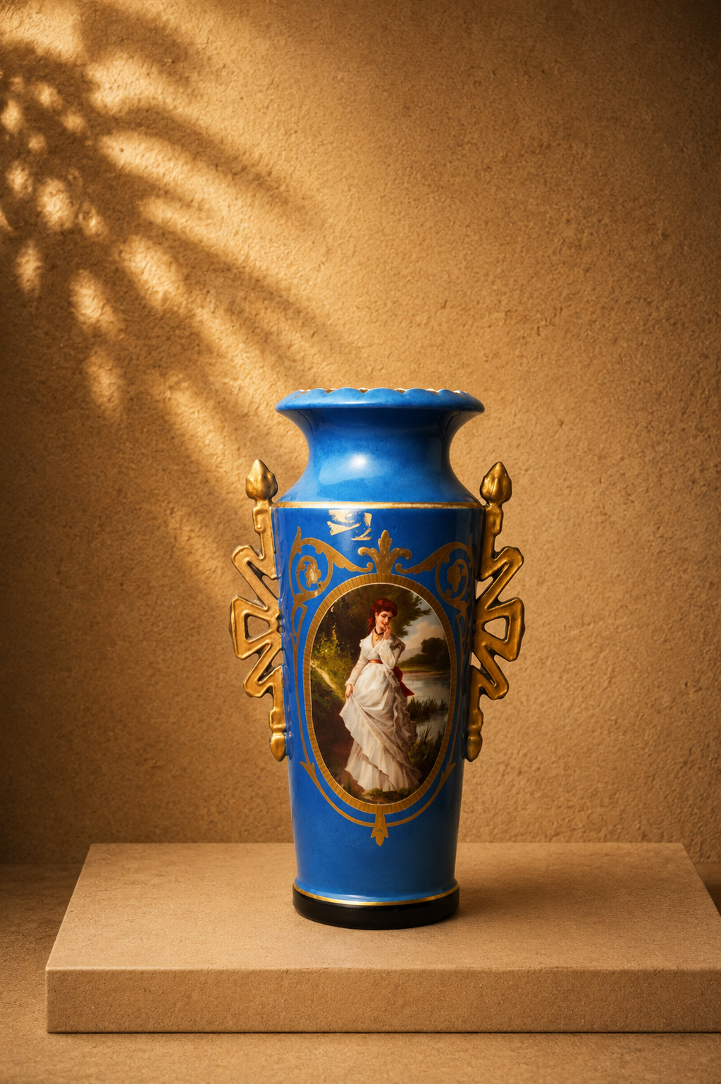 Vintage Royal Vienna Style Celestial Blue Portrait Vase with Gilt Handles