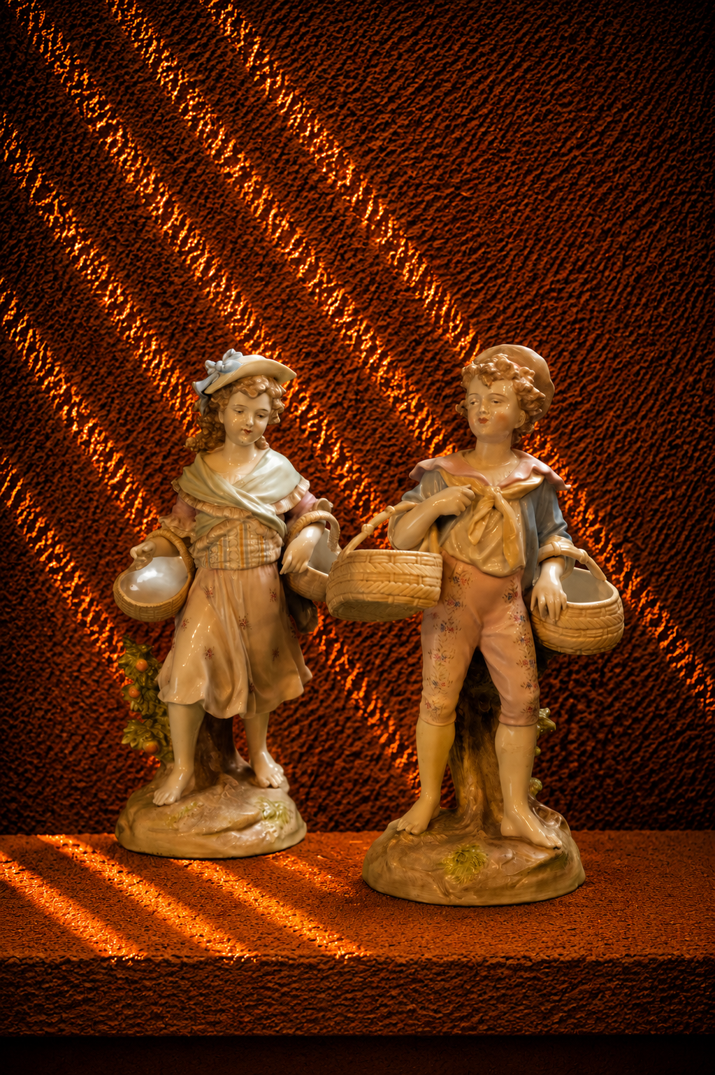 Pair of Antique Gebrüder Heubach Bisque Porcelain Pastoral Children Figurines