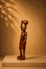 Vintage African Tribal Woman Carrying Water Pot Hand-Carved Wood Sculpture