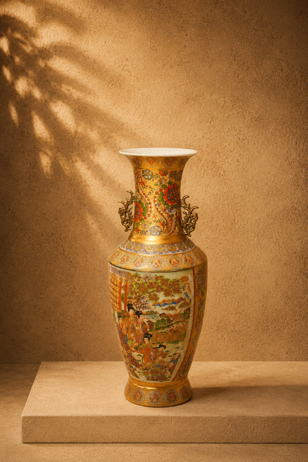Royal Satsuma Style Gilded Dragon Handle Vase