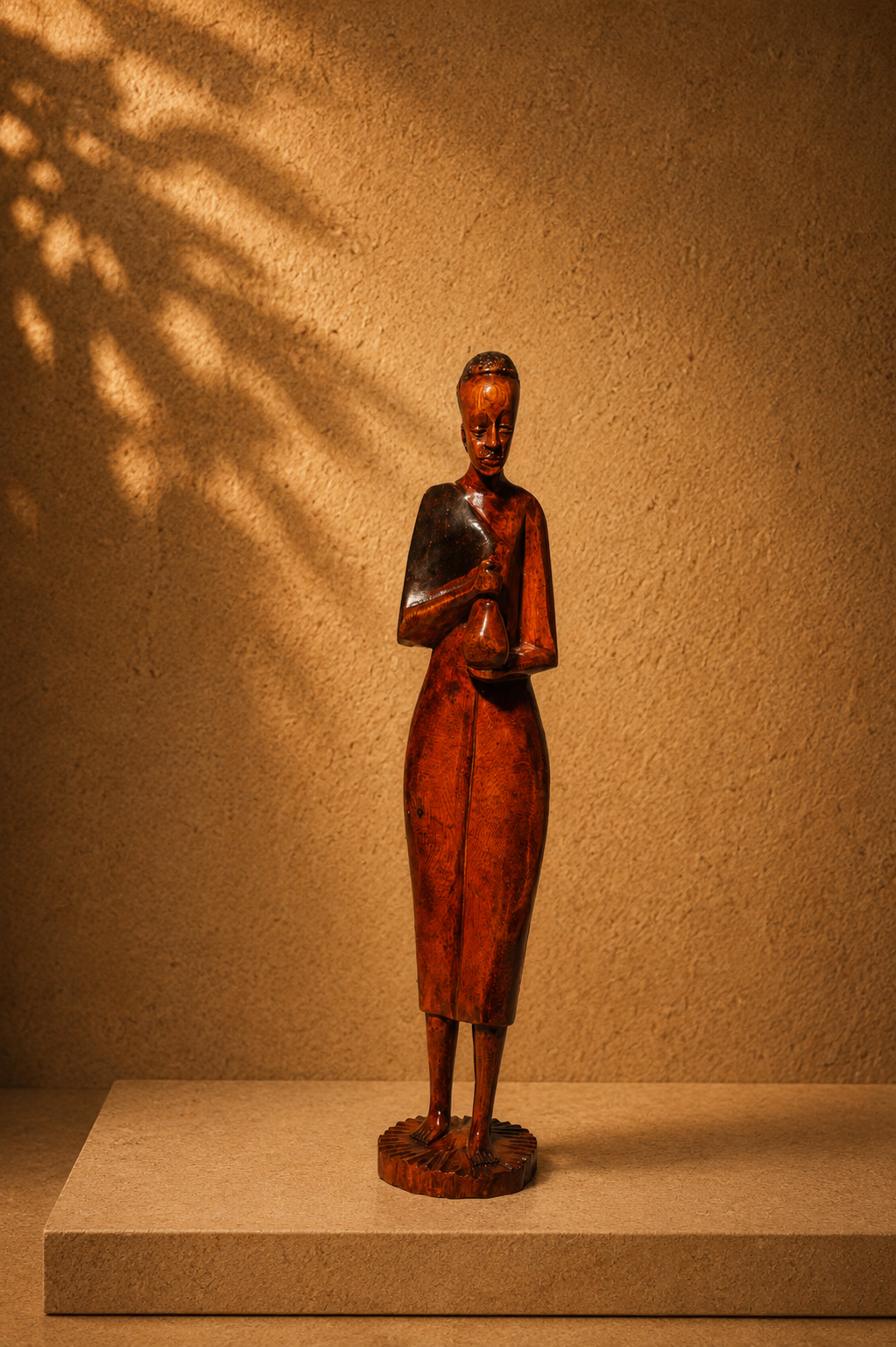 Vintage African Tribal Figure Holding a Water Gourd Hand-Carved Wood Sculpture