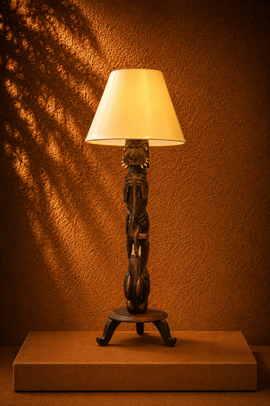 Traditional South Indian Carved Wooden Yali Table Lamp with Shade