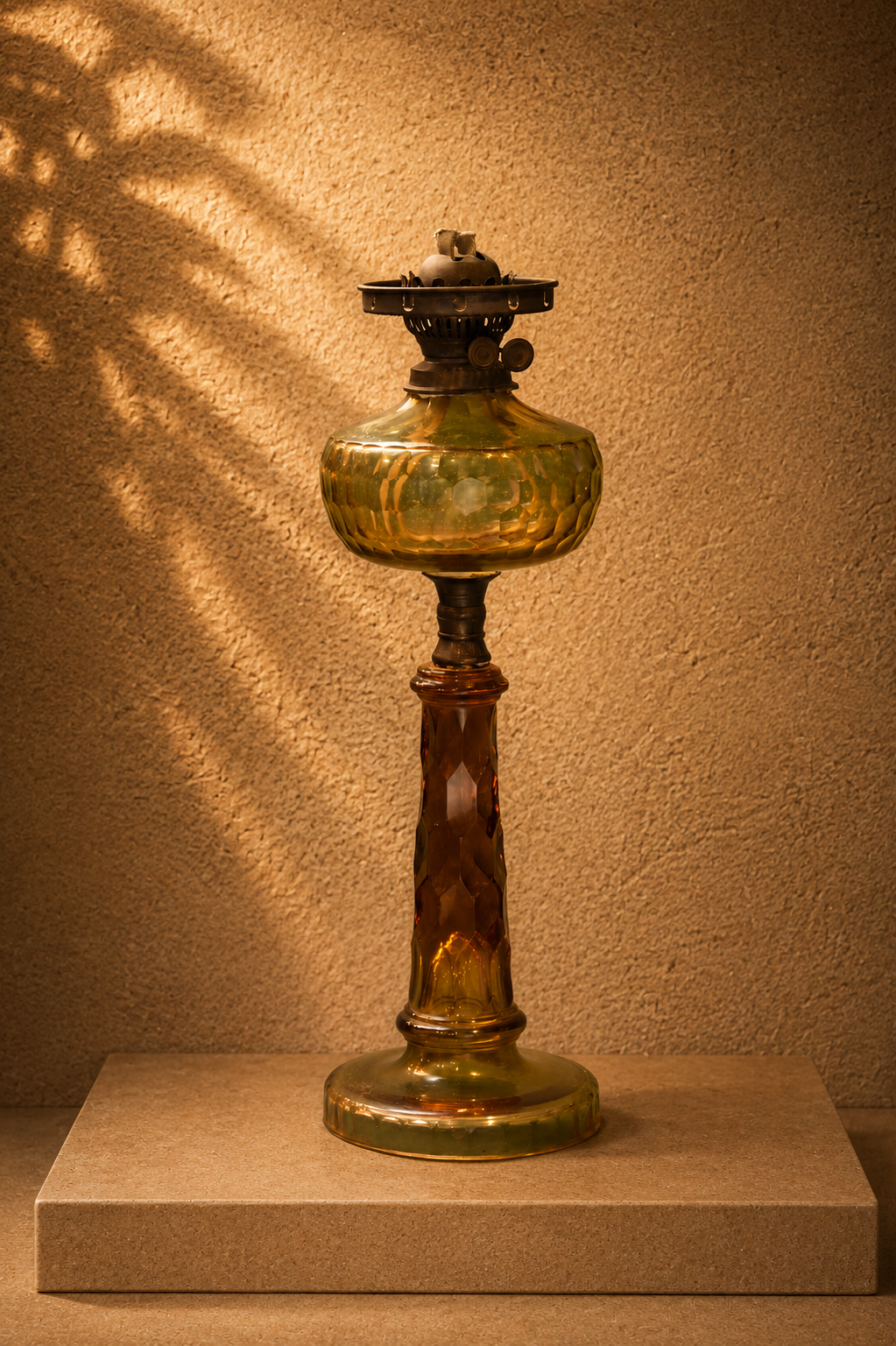 Amber Pressed Glass Kerosene Banquet Lamp Base