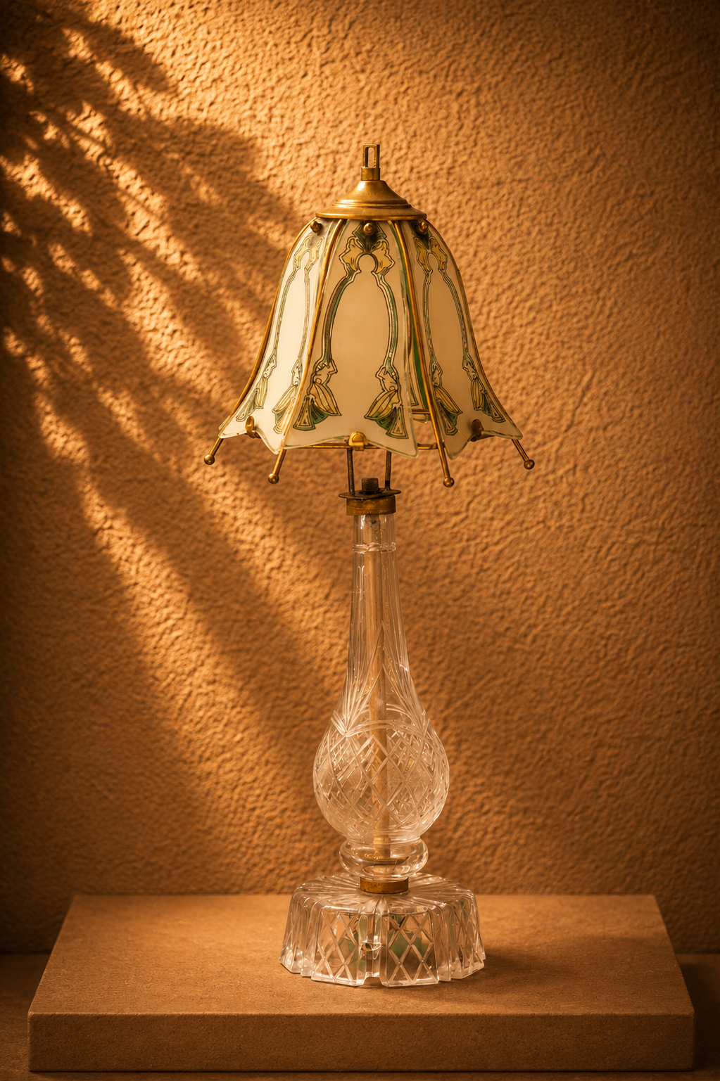 Art Nouveau Slag Glass & Crystal Lamp
